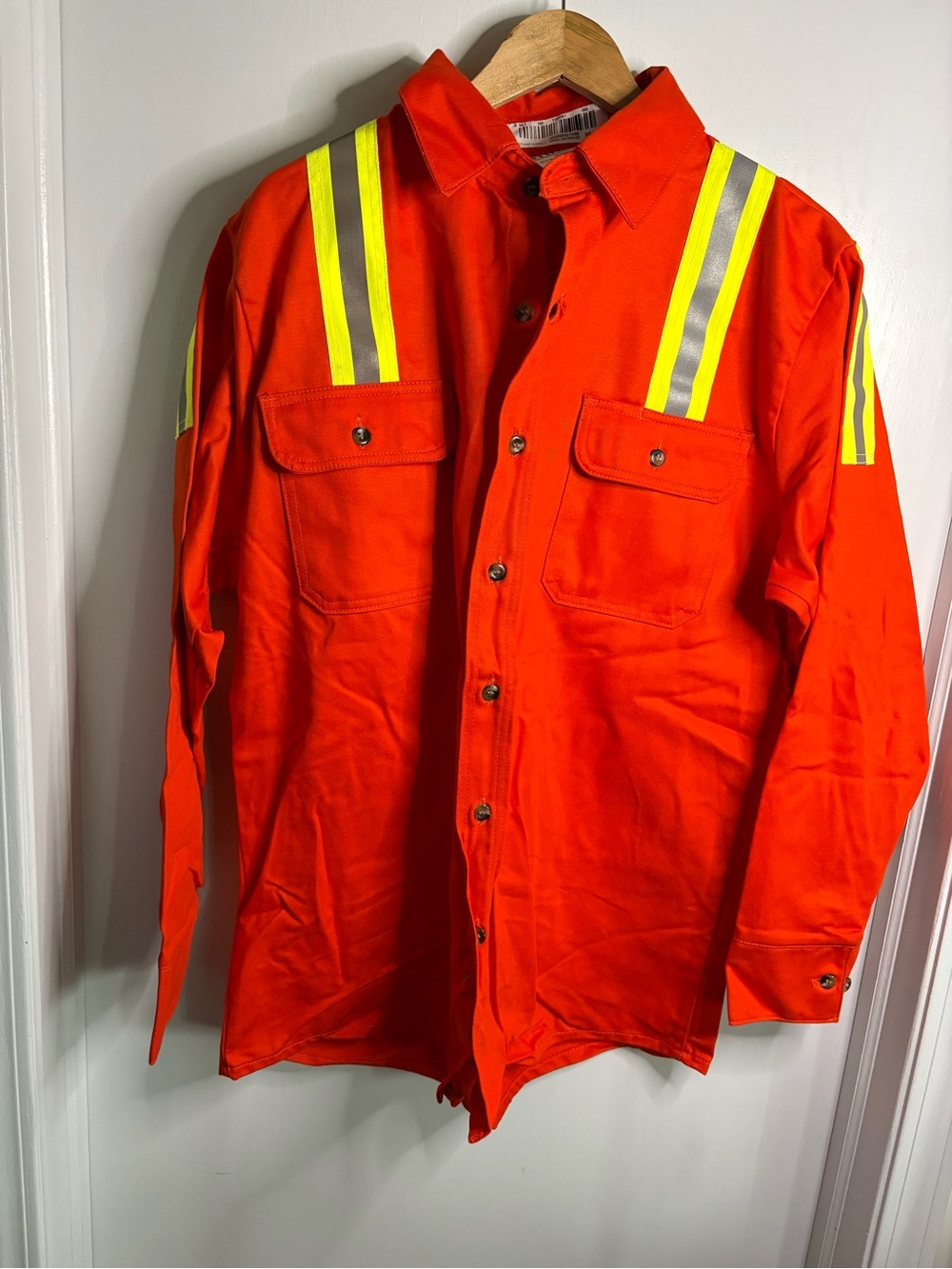 High-Visibility Sz L Fire Resistant Work Shirt Jacket Reflective Stripes Cotton